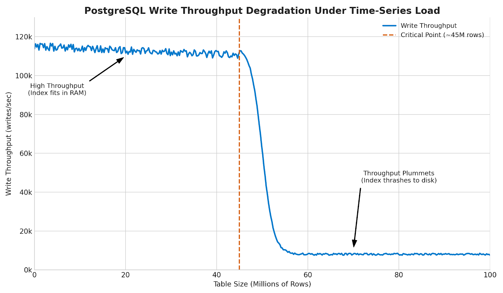 PostgreSQL write throughput degradation as table size grows