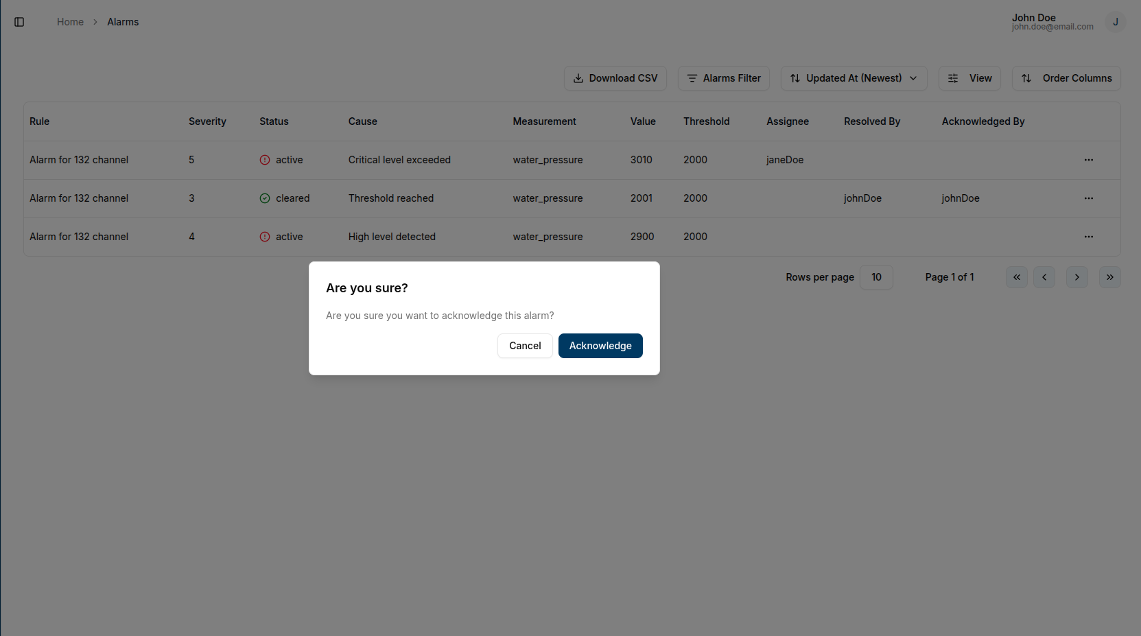 Acknowledge dialog