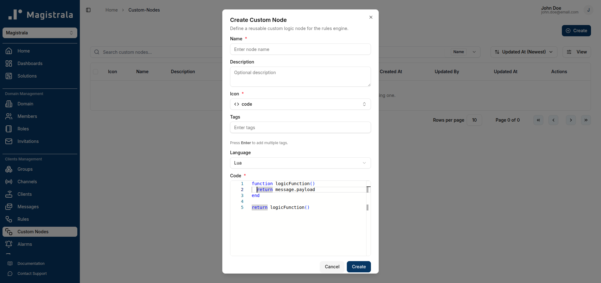 Create Custom Node dialog
