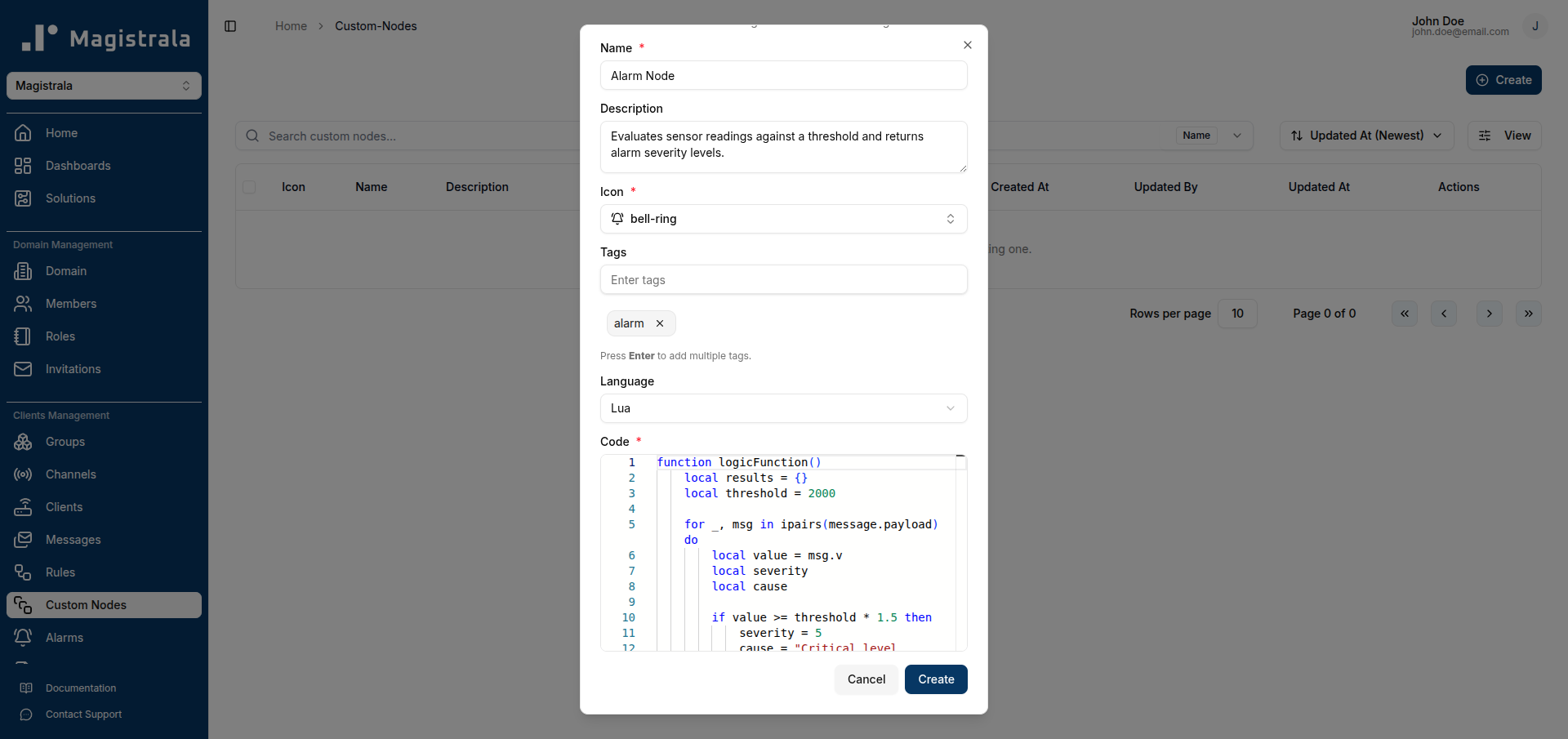 Create Custom Node filled form