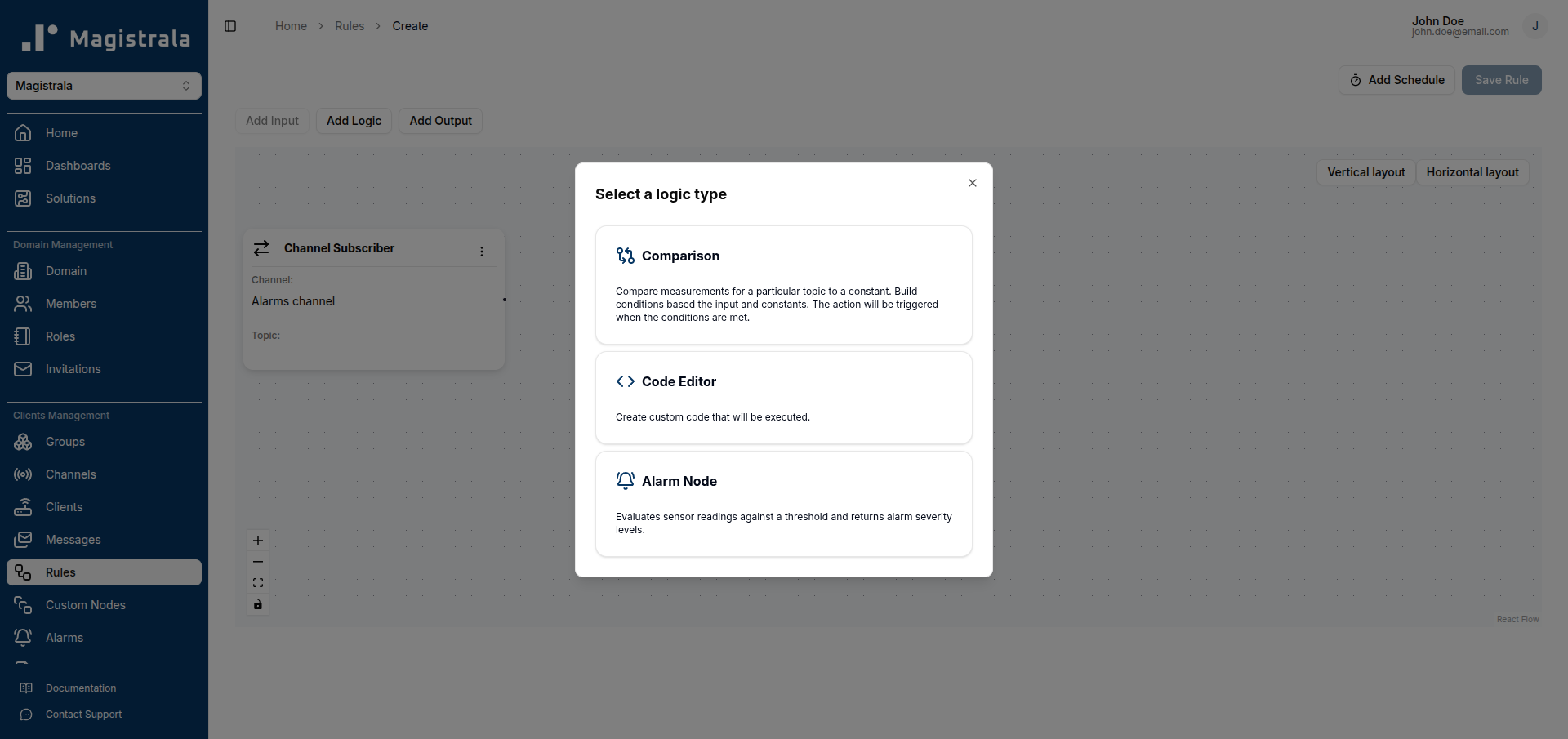 Select logic type showing custom node