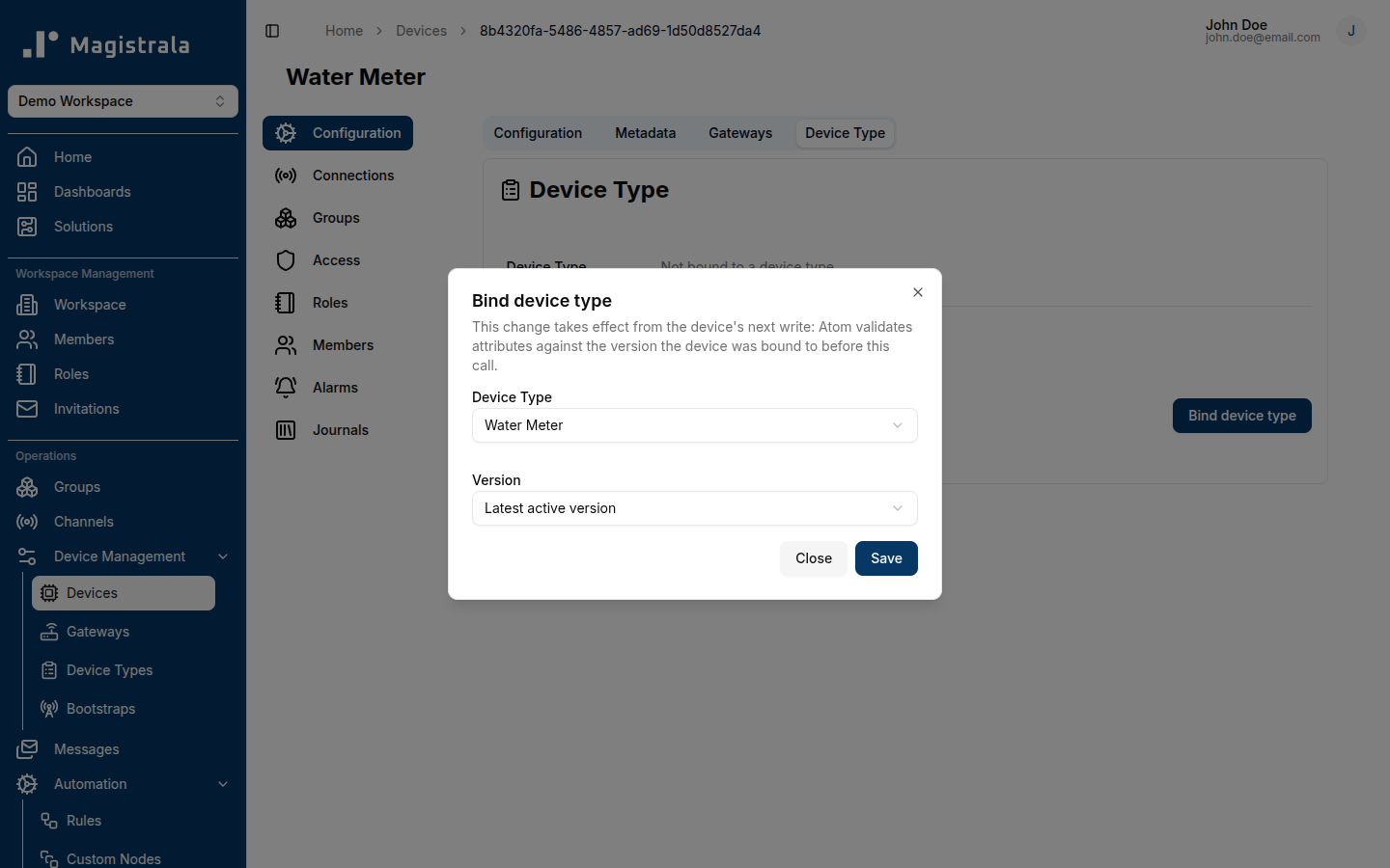 Bind device type dialog, with a Device Type and version selected