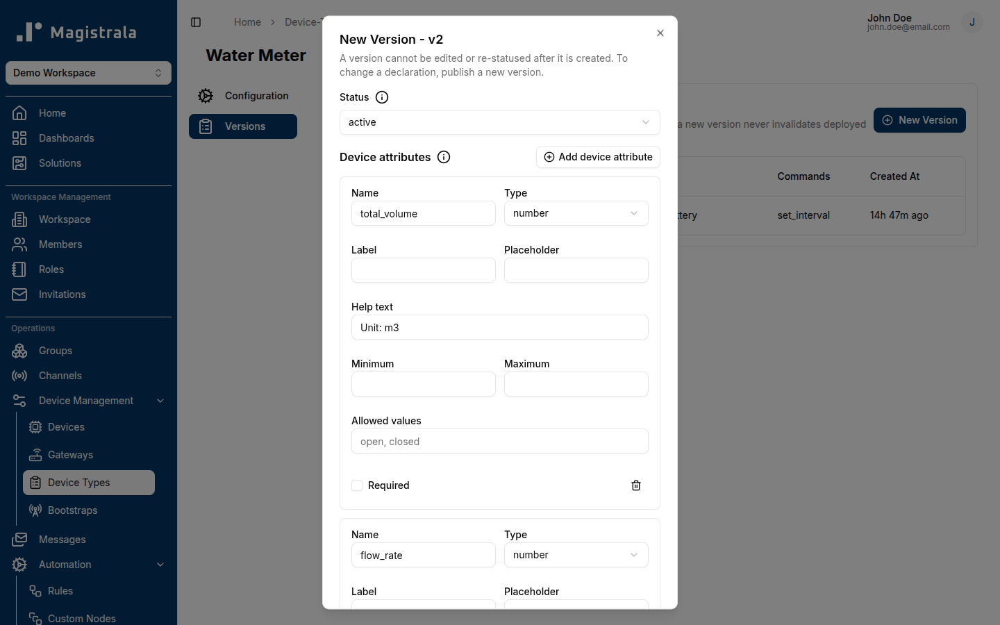New Version dialog, showing declared device attributes
