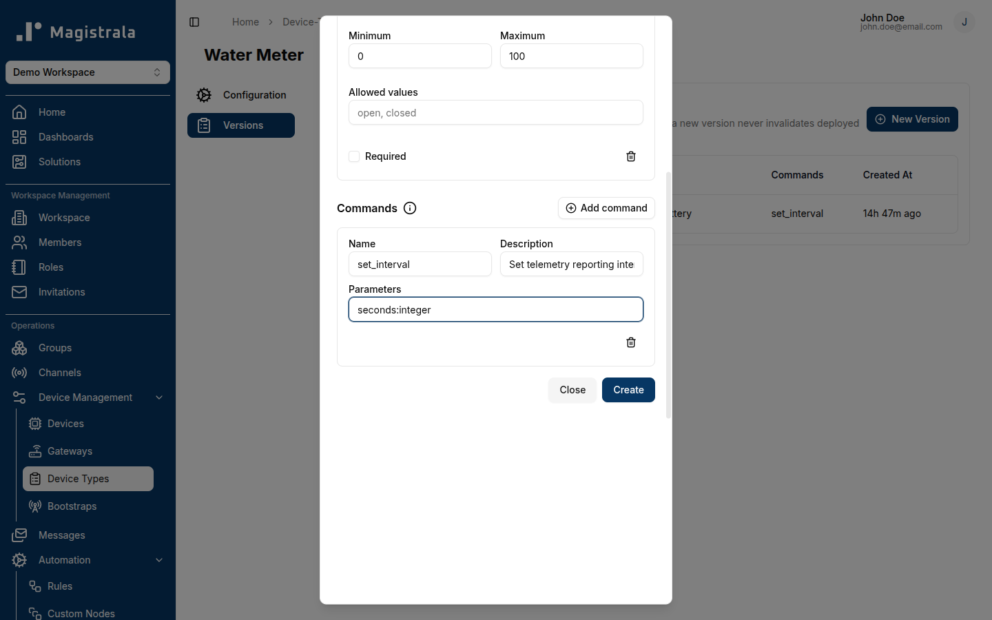 New Version dialog, showing a declared command