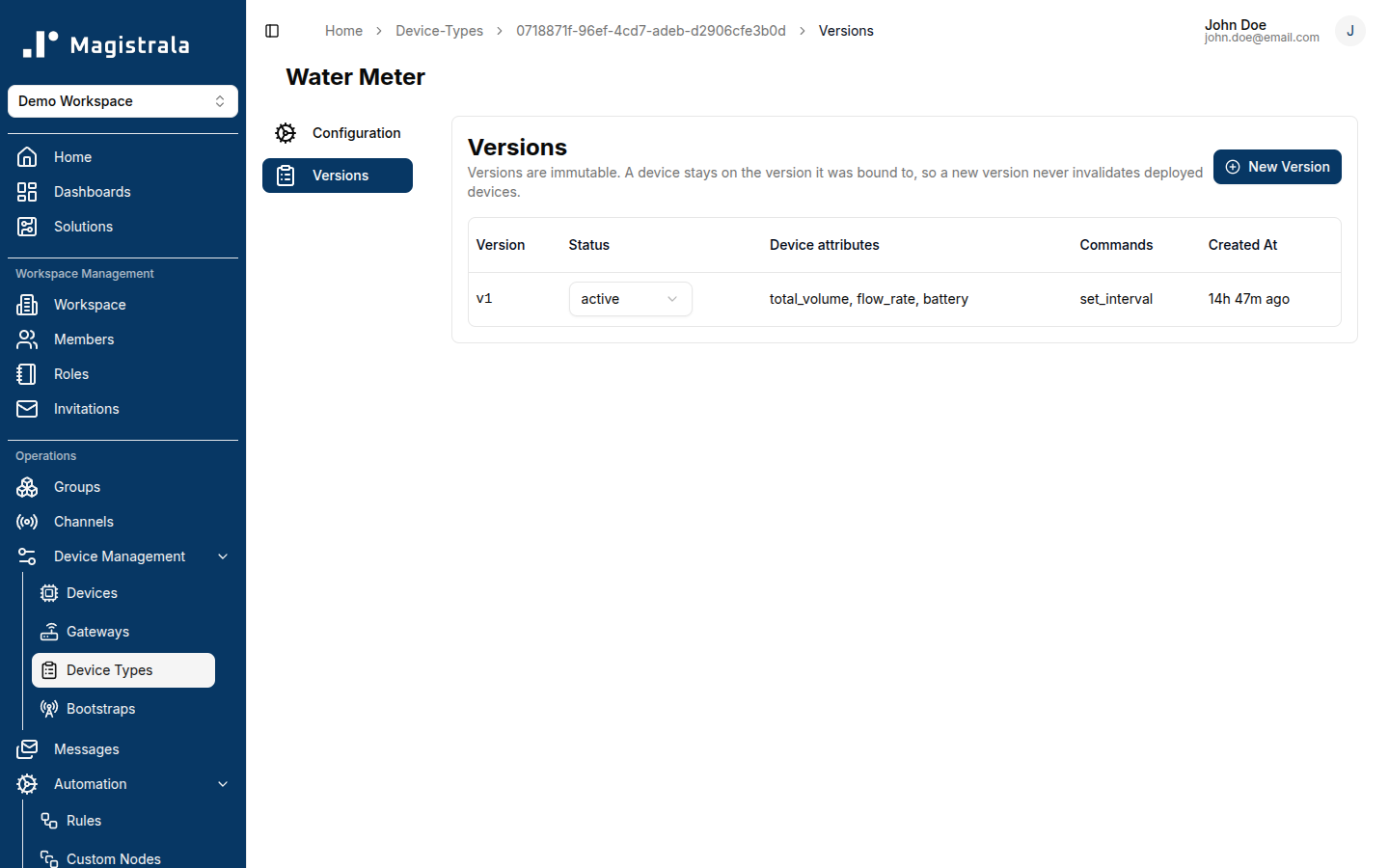 A Device Type's Versions tab, listing an existing declared version