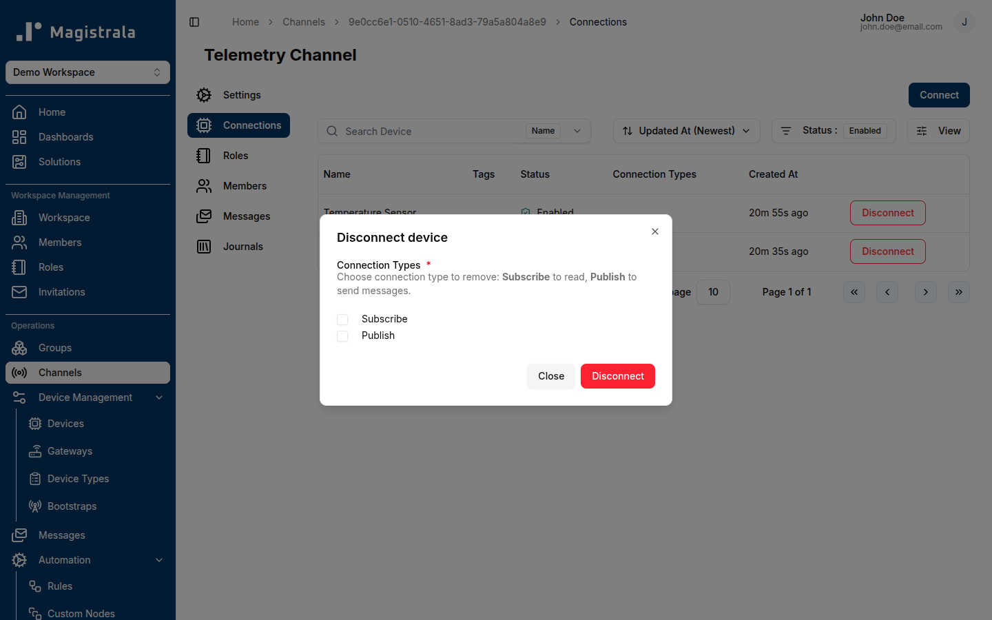 Disconnect device dialog