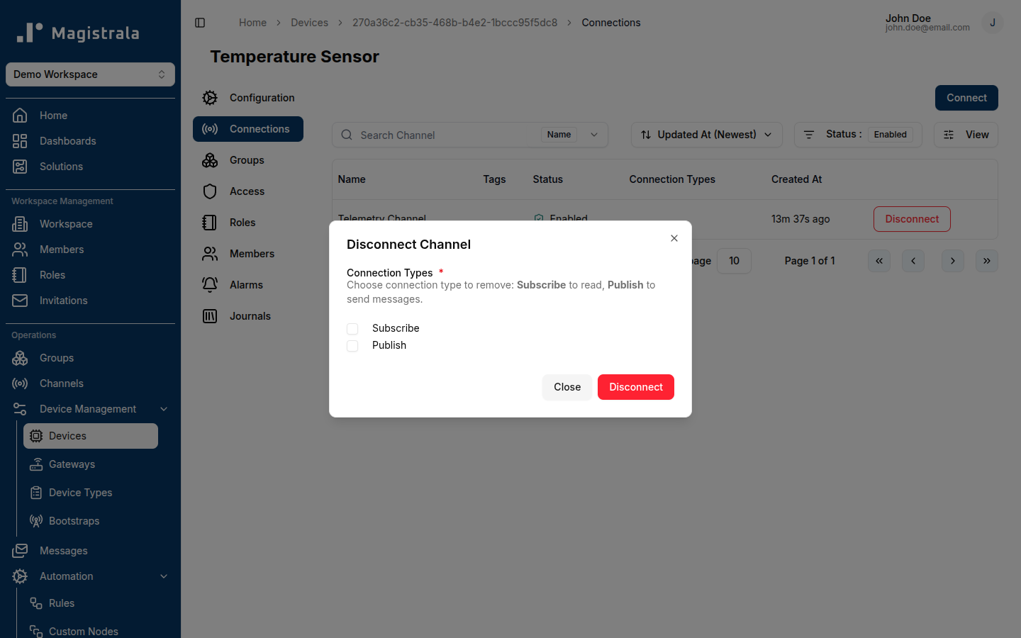 Disconnect channel dialog