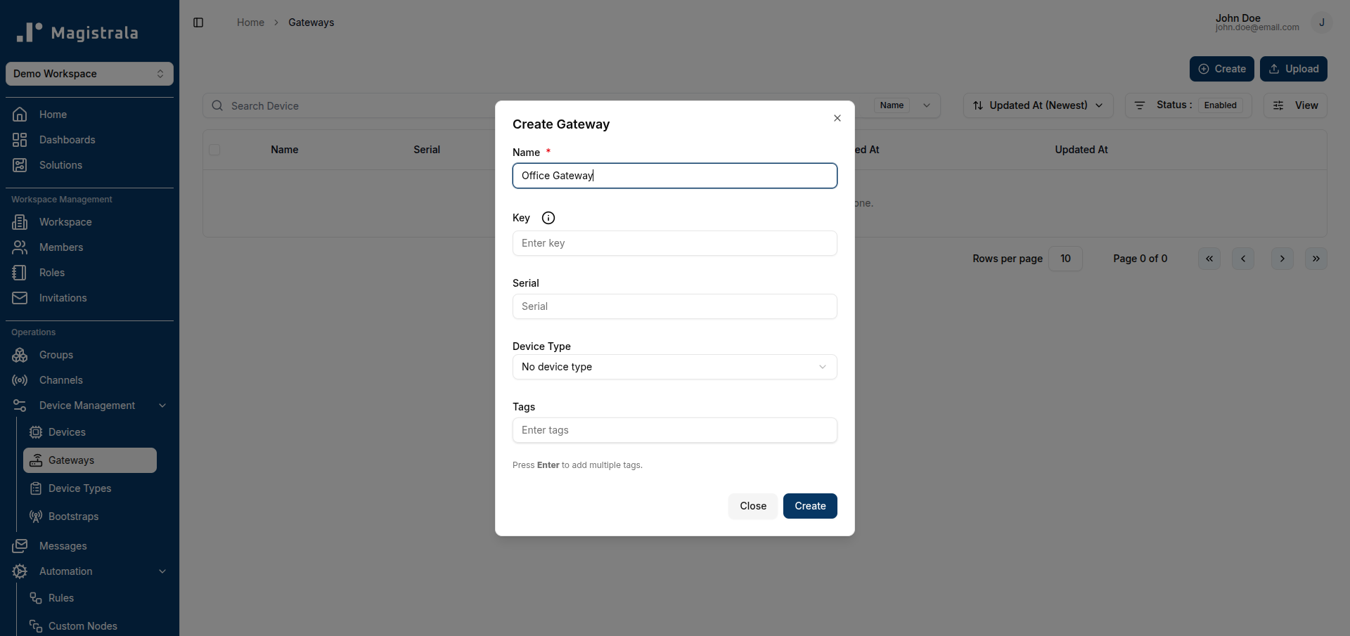 Create Gateway dialog