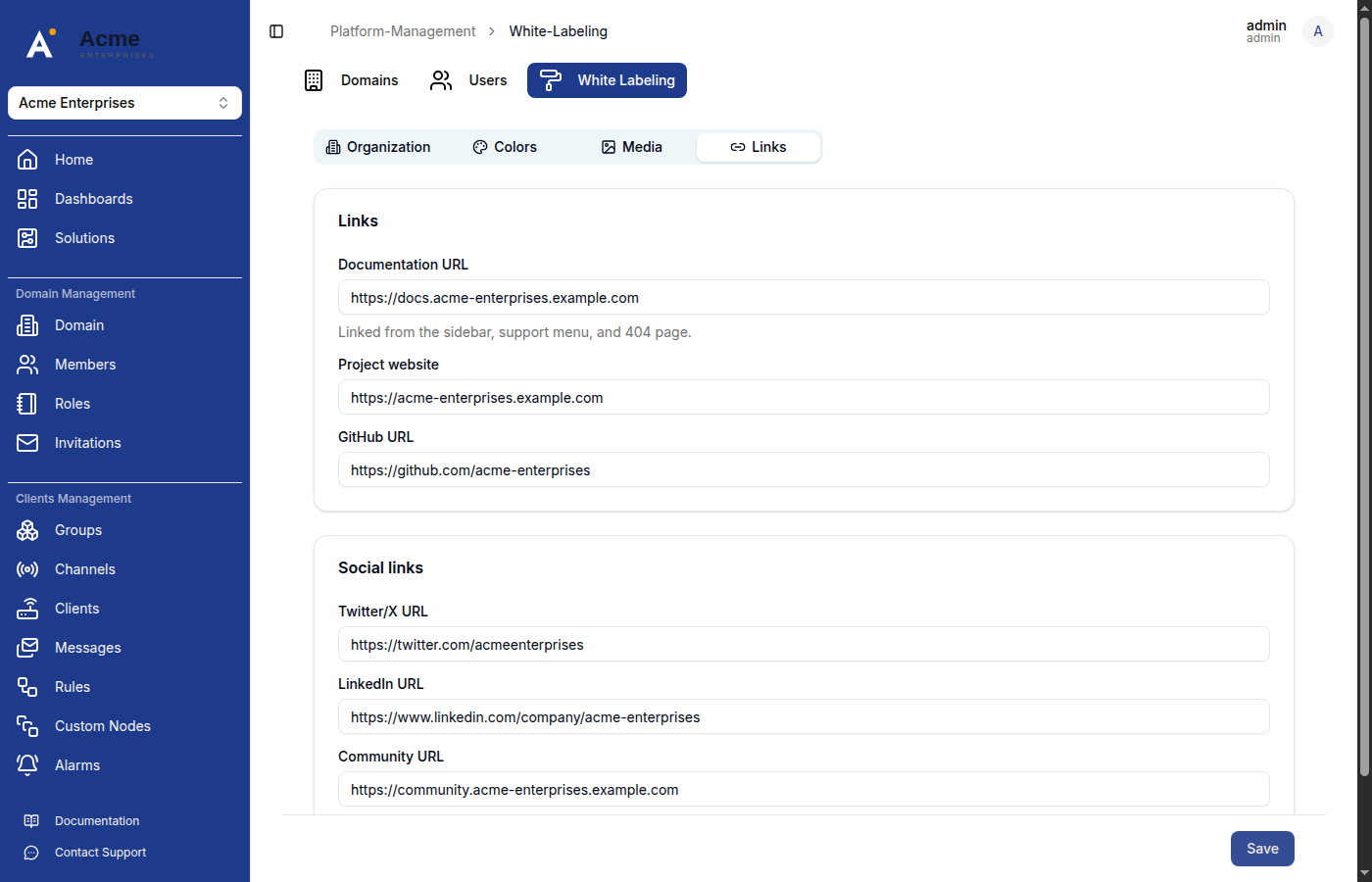 White Labeling page after saving — sidebar, logo, and colors updated