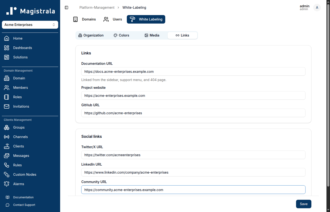 Links tab filled in for Acme Enterprises