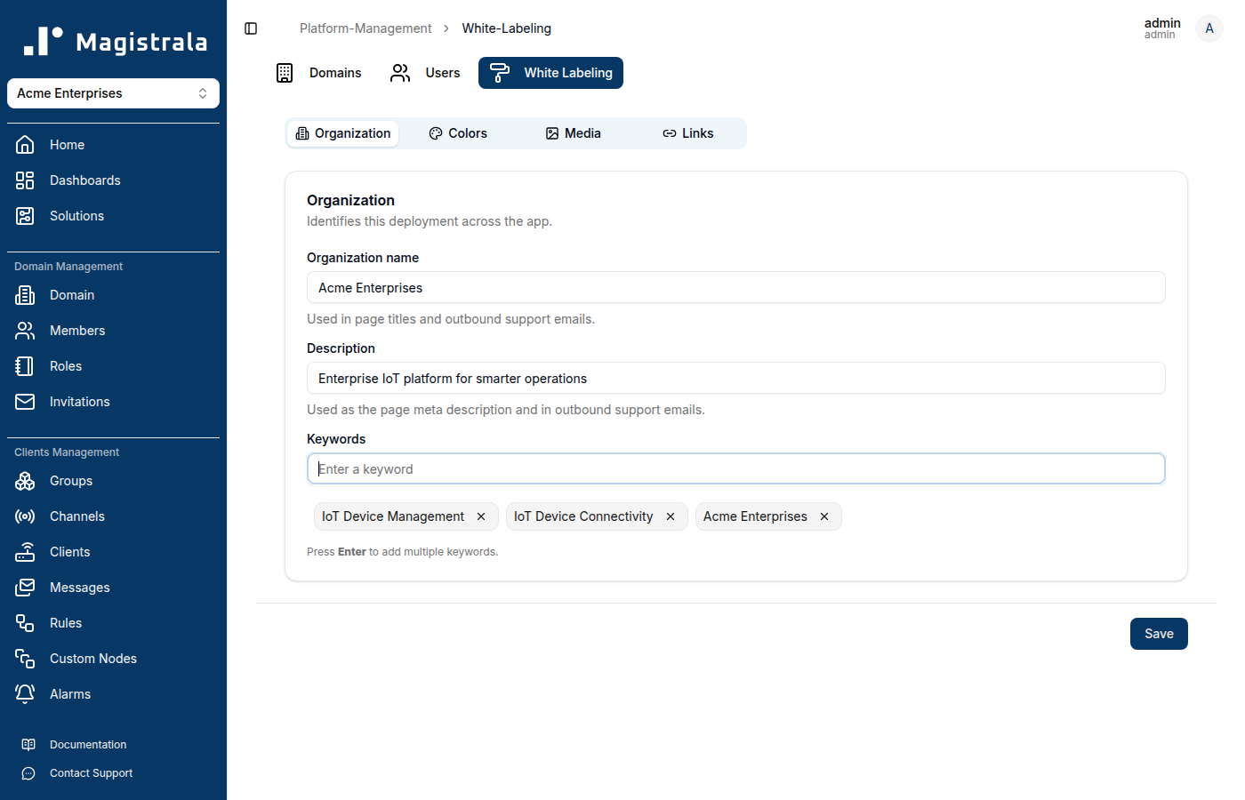 Organization tab filled in for Acme Enterprises