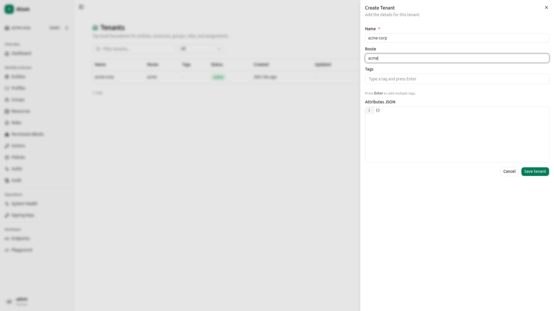 Tenant create dialog filled