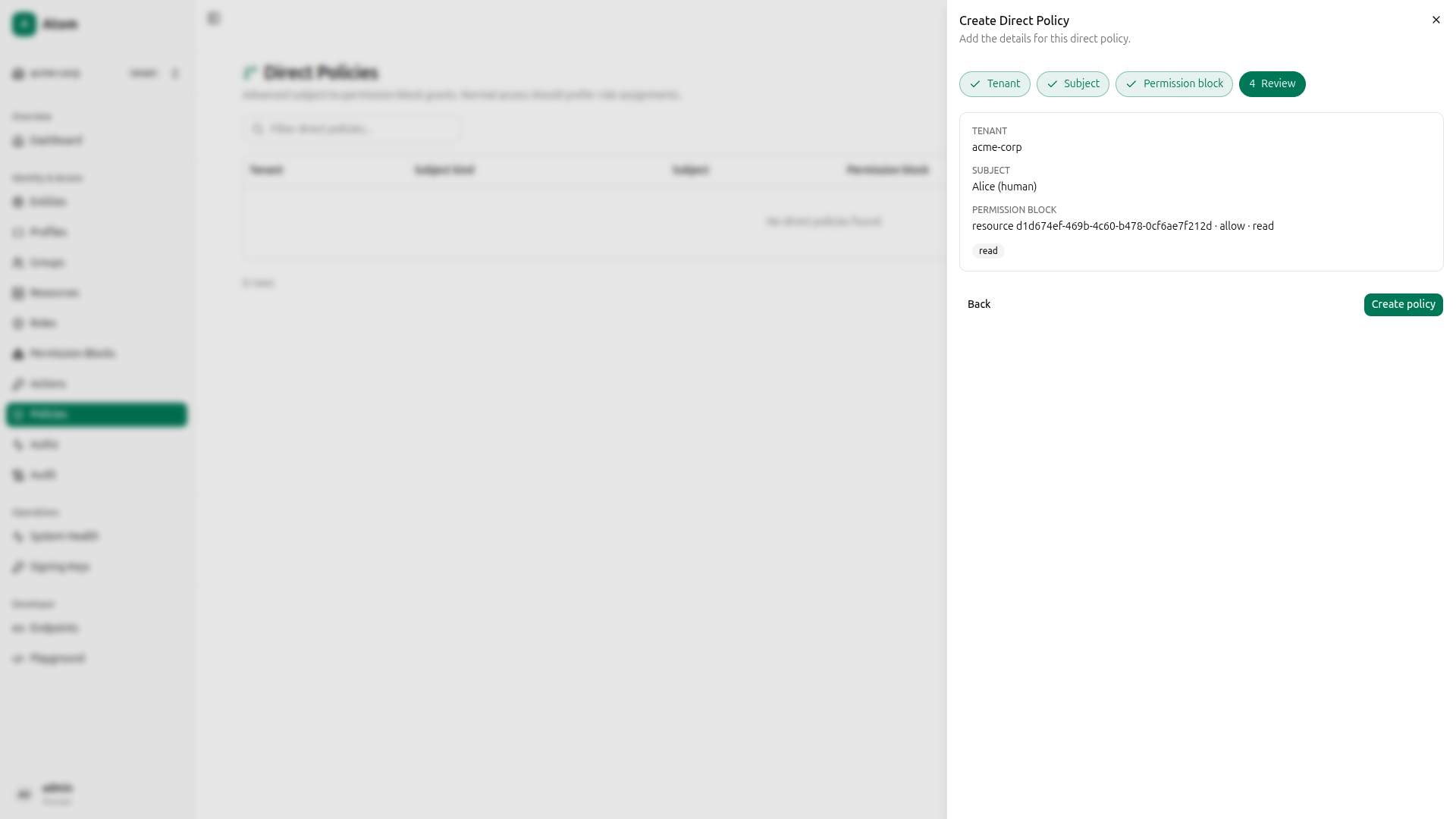 Direct policy - review (Alice)