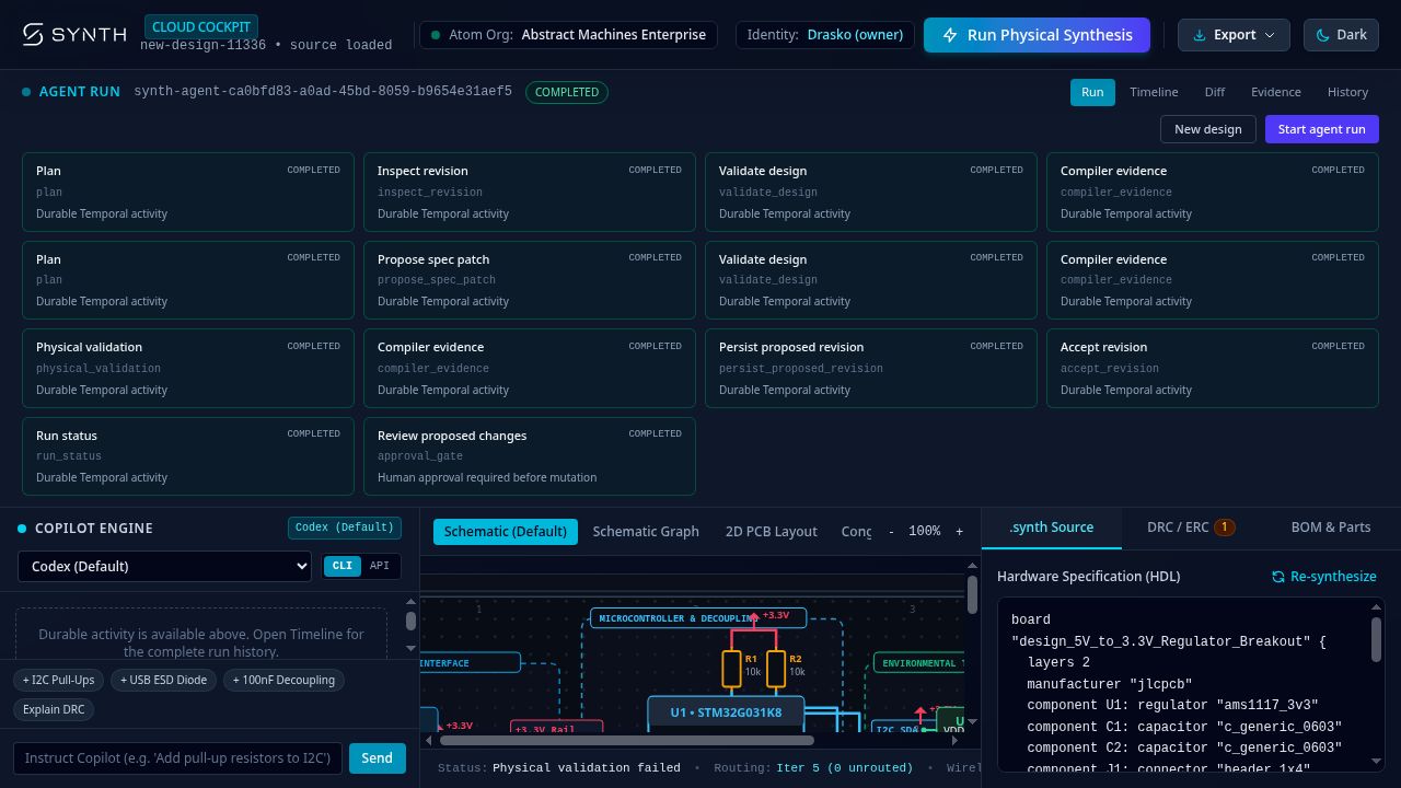 Synth Enterprise cockpit preview showing an agent run, circuit source, and design views