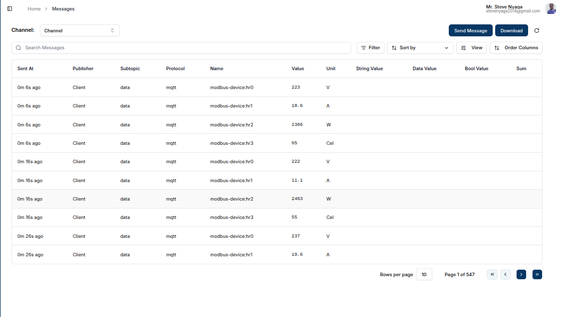Modbus data stored in Magistrala